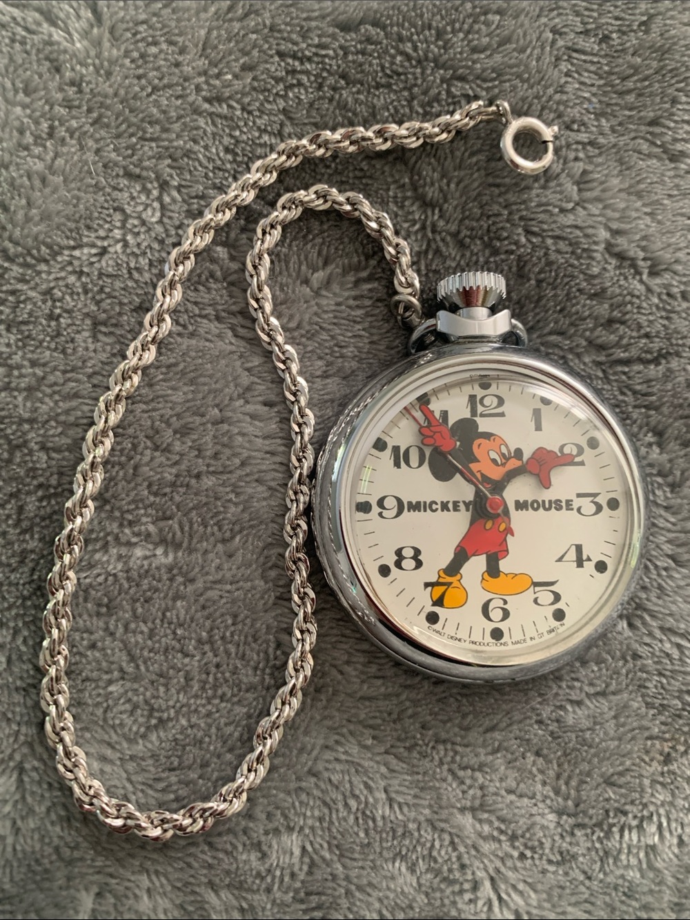 Mickey Mouse Silver Pocket Watch with Chain